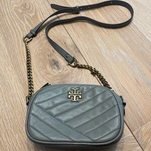 Tory Burch Gray Quilted Crossbody Bag with Gold Accents